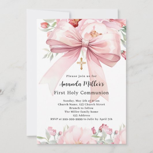 Roze boog bloemen meisje Eerste Communie Kaart (Voorkant)