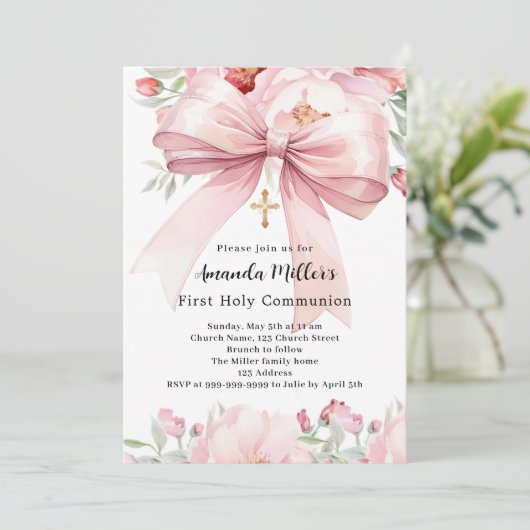 Roze boog bloemen meisje Eerste Communie Kaart (Staand voorkant)