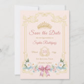  Roze Boog Bloemen Quinceanera Save the Date Aankondiging (Voorkant)