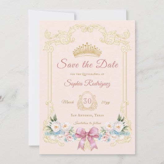 Roze Boog Bloemen Quinceanera Save the Date Aankondiging (Voorkant)