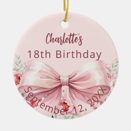 Roze boog bloemen verjaardag keramisch ornament (Voorkant)