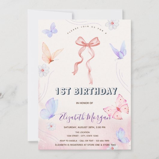 Roze boog bloemen vlinders gestreept verjaardag kaart (Voorkant)