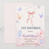 Roze boog bloemen vlinders gestreept verjaardag kaart (Voorkant / Achterkant)
