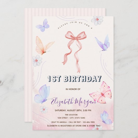 Roze boog bloemen vlinders gestreept verjaardag kaart (Voorkant / Achterkant)