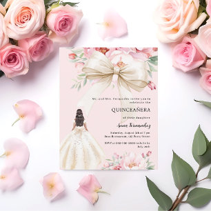 Roze boog bloemencrème jurk Quinceanera uitnodigin