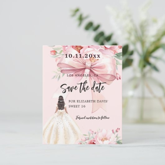 Roze boog bloemenjurk Sweet 16 Save the Date kaart (Staand voorkant)