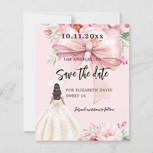 Roze boog bloemenjurk Sweet 16 Save the Date kaart (Voorkant)