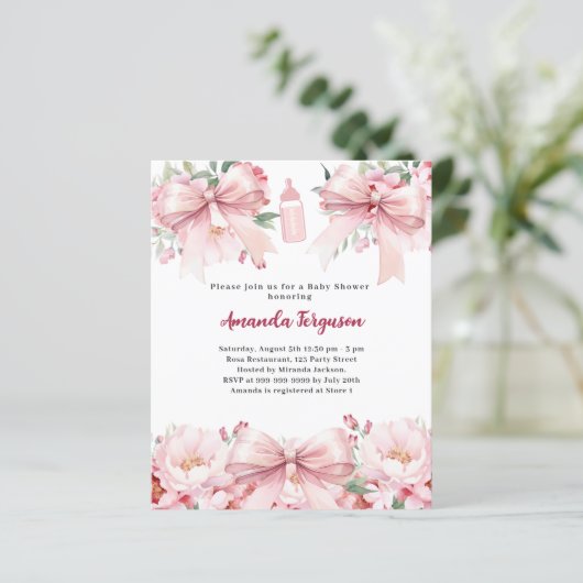 Roze boog bloemenmeisje flesje Baby shower uitnodi (Staand voorkant)