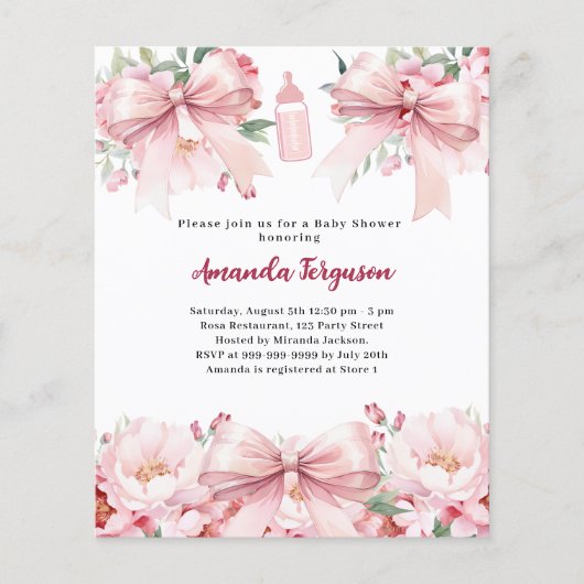 Roze boog bloemenmeisje flesje Baby shower uitnodi (Voorkant)