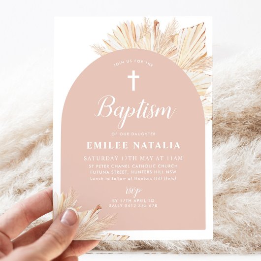 Roze Boog Boho Bloemen Meisjes Doop Doop Kaart