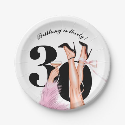 Roze Boog & Cocktails Coquette Moderne 30e Verjaar Papieren Bordje (Voorkant)