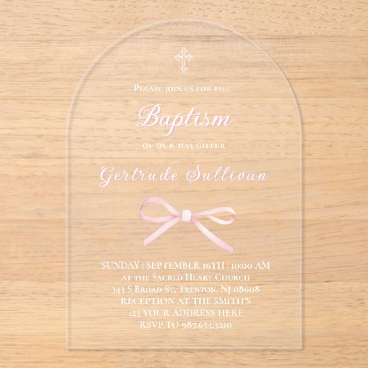 Roze boog doop acryl uitnodigingen (Voorkant)