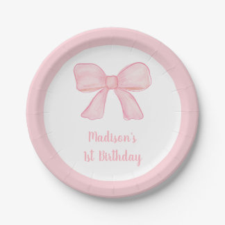 Roze boog eerste verjaardag papieren bordje