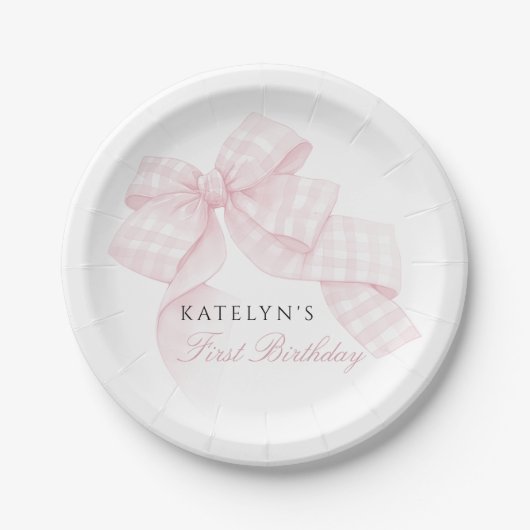 Roze boog eerste verjaardag papieren bordje (Voorkant)