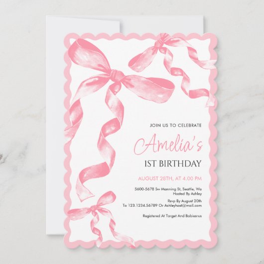 Roze boog eerste verjaardag uitnodiging, een verja kaart (Voorkant)