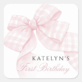 Roze boog eerste verjaardag vierkante sticker (Voorkant)