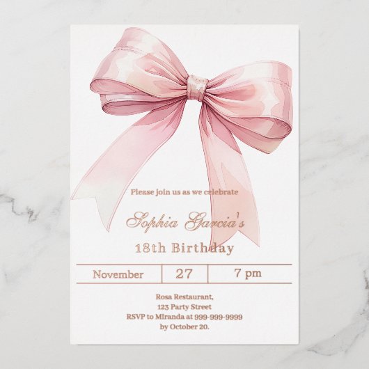 Roze boog elegant Verjaardag roos goud Folie Uitnodiging (Voorkant)