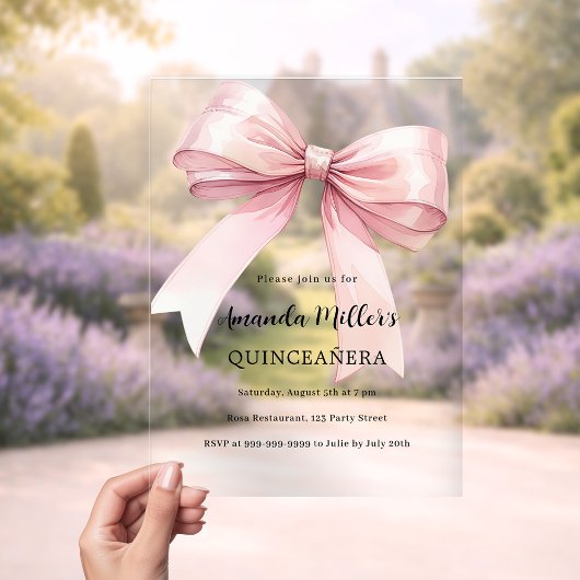 Roze boog elegante Quinceanera luxe helder Acryl Uitnodigingen