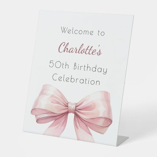 Roze boog elegante verjaardagsfeestje welkom reclamebord met voetstuk (Voorkant)