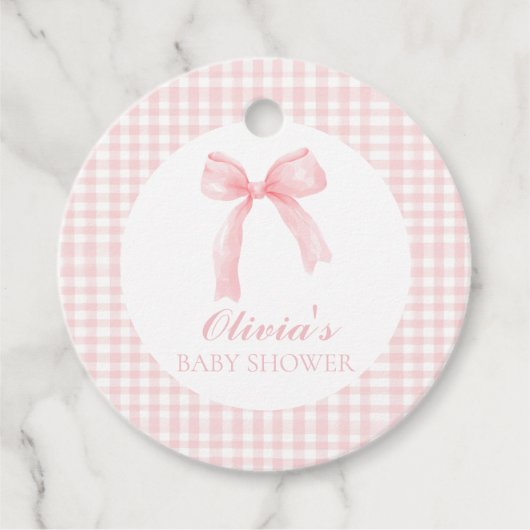Roze boog en gingham preppy baby shower bedankjes labels (Voorkant)