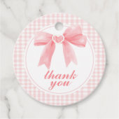 Roze boog en gingham preppy baby shower bedankjes labels (Voorkant)