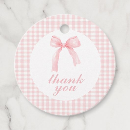 Roze boog en gingham preppy baby shower bedankjes labels (Voorkant)