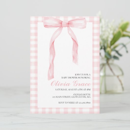Roze boog en gingham preppy baby shower kaart (Staand voorkant)