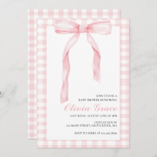 Roze boog en gingham preppy baby shower kaart (Voorkant / Achterkant)