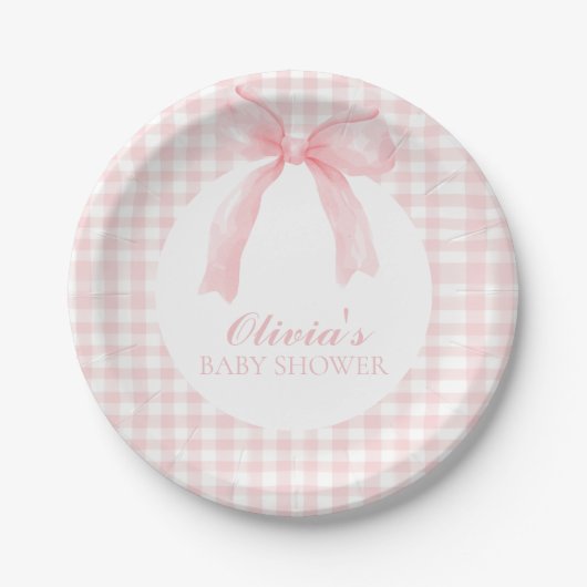 Roze boog en gingham preppy baby shower papieren bordje (Voorkant)