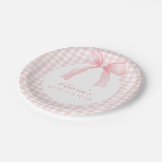 Roze boog en gingham preppy baby shower papieren bordje (Gekanteld)