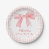 Roze boog en gingham preppy baby shower papieren bordje (Voorkant)