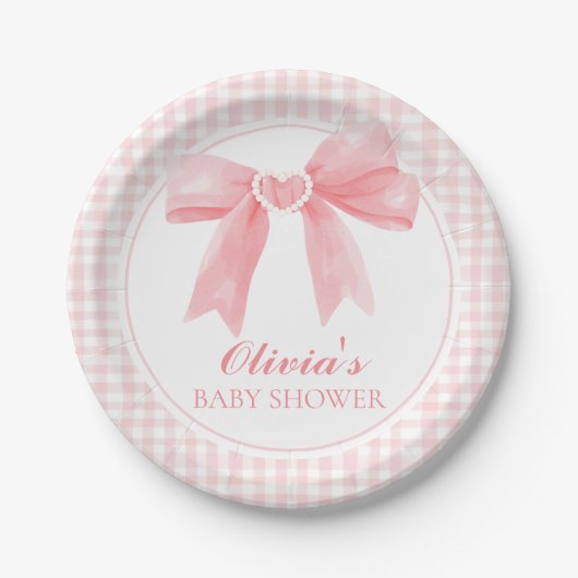 Roze boog en gingham preppy baby shower papieren bordje (Voorkant)