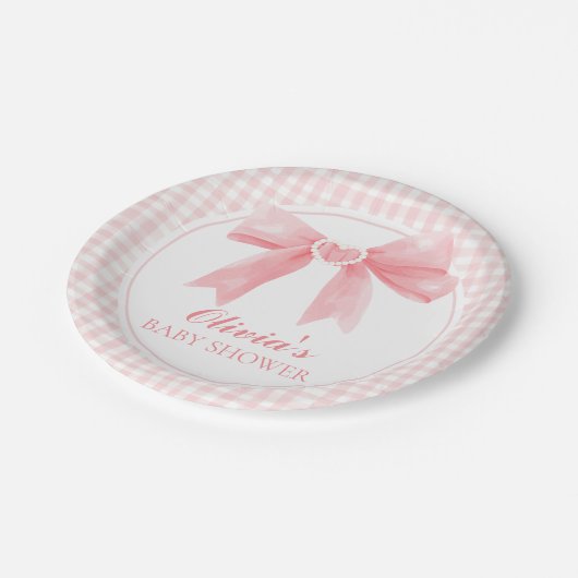 Roze boog en gingham preppy baby shower papieren bordje (Gekanteld)