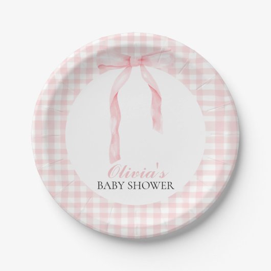 Roze boog en gingham preppy baby shower papieren bordje (Voorkant)