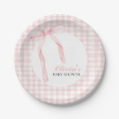Roze boog en gingham preppy baby shower papieren bordje (Voorkant)