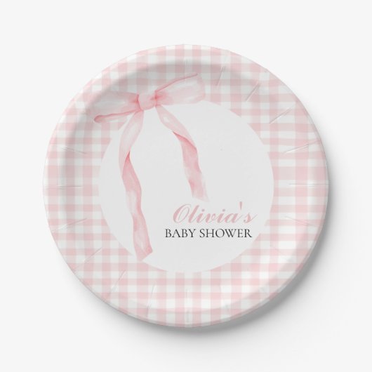 Roze boog en gingham preppy baby shower papieren bordje (Voorkant)