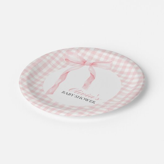 Roze boog en gingham preppy baby shower papieren bordje (Gekanteld)