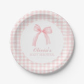 Roze boog en gingham preppy baby shower papieren bordje (Voorkant)