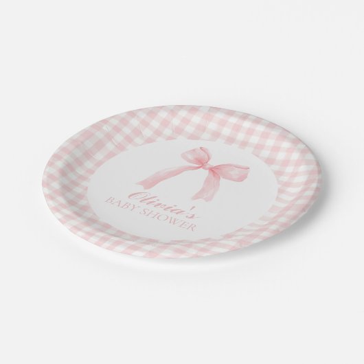 Roze boog en gingham preppy baby shower papieren bordje (Gekanteld)
