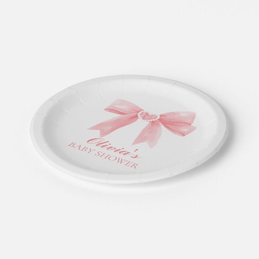 Roze boog en gingham preppy baby shower papieren bordje (Gekanteld)