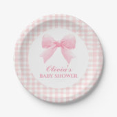 Roze boog en gingham preppy baby shower papieren bordje (Voorkant)