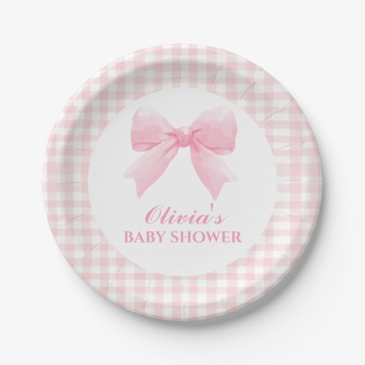Roze boog en gingham preppy baby shower papieren bordje (Voorkant)