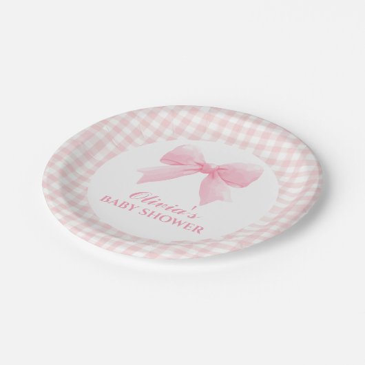 Roze boog en gingham preppy baby shower papieren bordje (Gekanteld)