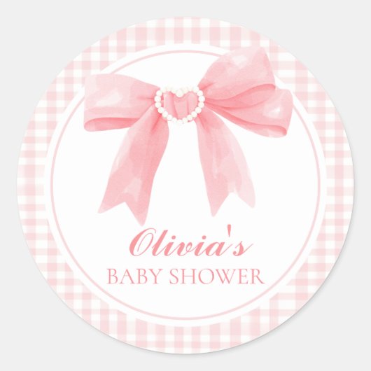 Roze boog en gingham preppy baby shower ronde sticker (Voorkant)