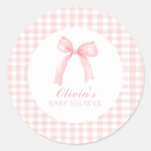 Roze boog en gingham preppy baby shower ronde sticker (Voorkant)