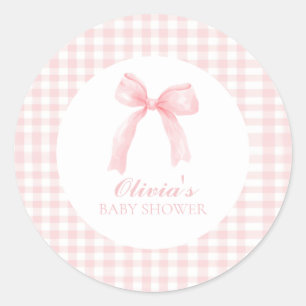 Roze boog en gingham preppy baby shower ronde sticker