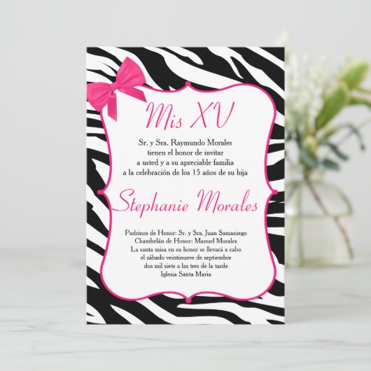 Roze Boog en Zebra Quinceanera Verjaardagsuitnodig Kaart (Staand voorkant)