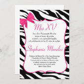 Roze Boog en Zebra Quinceanera Verjaardagsuitnodig Kaart (Voorkant / Achterkant)