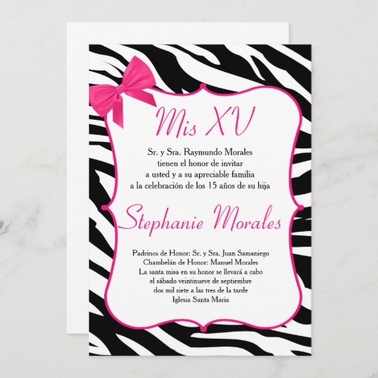 Roze Boog en Zebra Quinceanera Verjaardagsuitnodig Kaart (Voorkant / Achterkant)