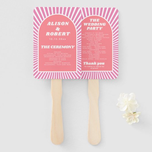 Roze boog en zonnestralen groovy bruiloft programm handwaaier (Voorkant en achterkant)